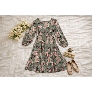 Sage Floral Burnout Velvet Midi Dress Romantic Cottagecore Sheer Overlay Small